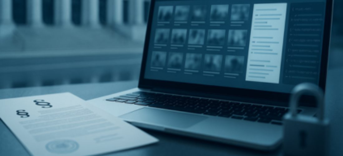 Symbolbild zu KI-Training und Urheberrecht: Laptop mit anonymisierten Bildkacheln und Metadaten (Links/Alt-Texte) neben einem Dokument mit Paragraphenzeichen, im Hintergrund eine unscharfe Gerichtsfassade.