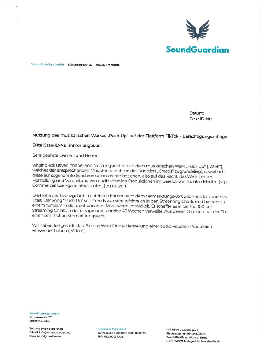 Abmahnschreiben SoundGuardian