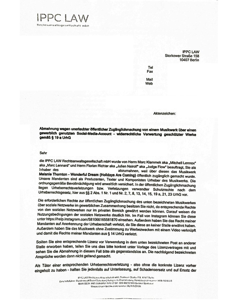 Abmahnschreiben IPPC Law